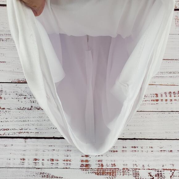 Cache White Ruched Shapely Mini Dress Size 12 Gold Geometric Studs Drape Fit NWT - Picture 7 of 14